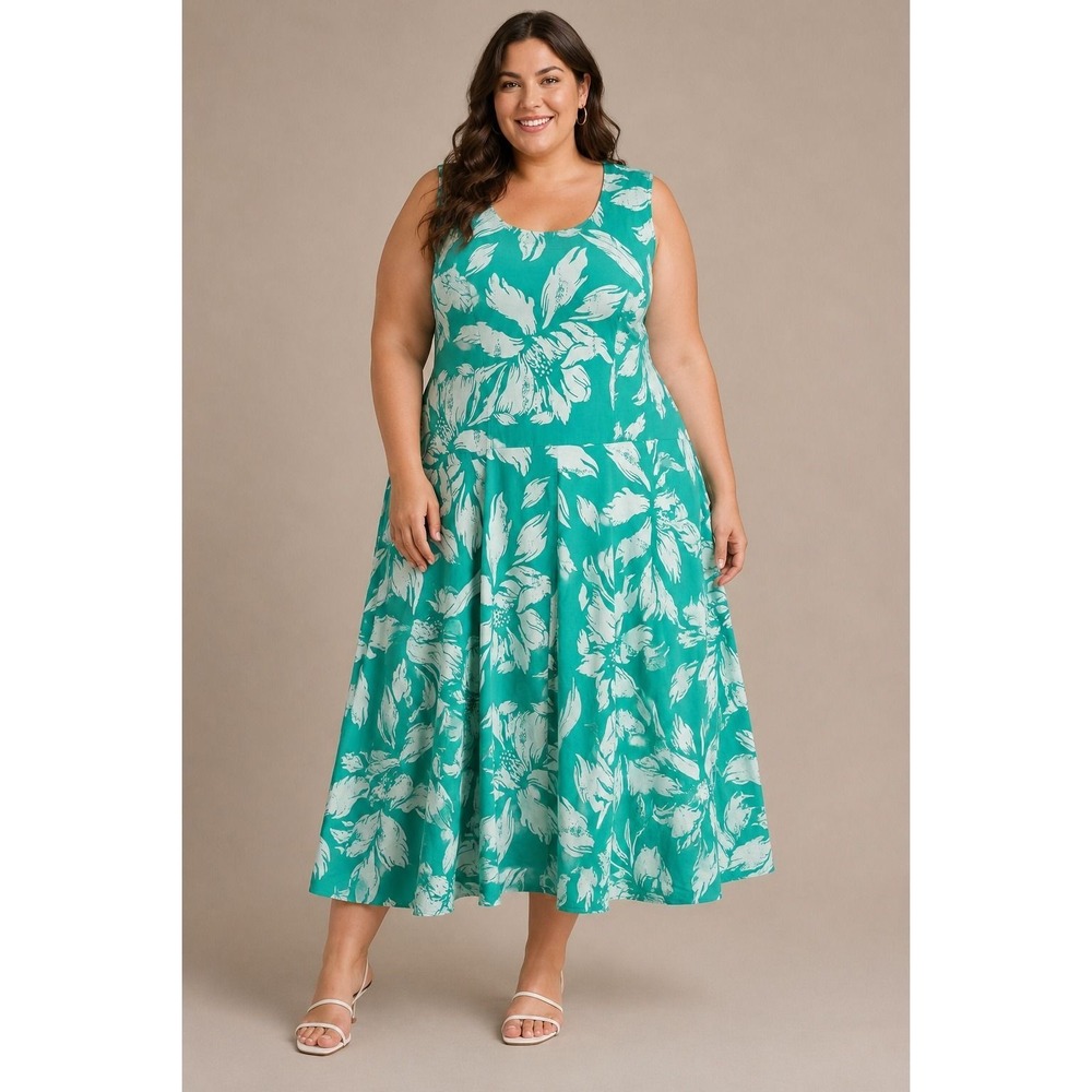 Vicki Wayne Floral Cotton Maxi Sundress Boho Coastal Cottagecore Green White 24W